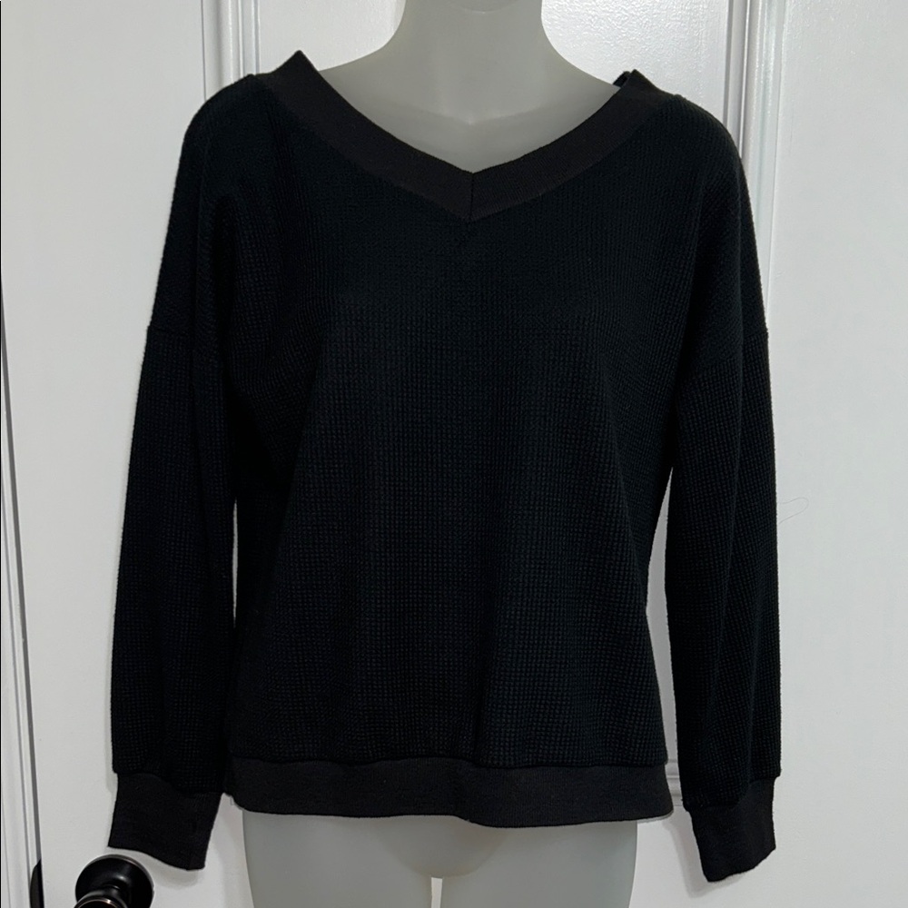 Black V-Neck waffle Women's shirt
